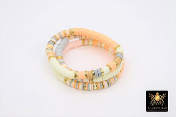 Initial Heishi Gold Stretchy Bracelet #795698, Peach Ivory Gray Clay Rondelle Flat Beaded Bracelets, Beach Stacks - A Girls Gems